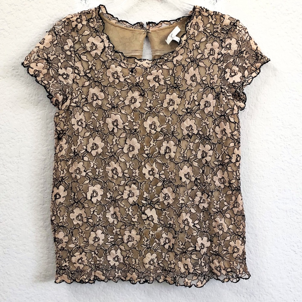 Joie Marcelline Lace Top Blouse Nude Black Sz XS